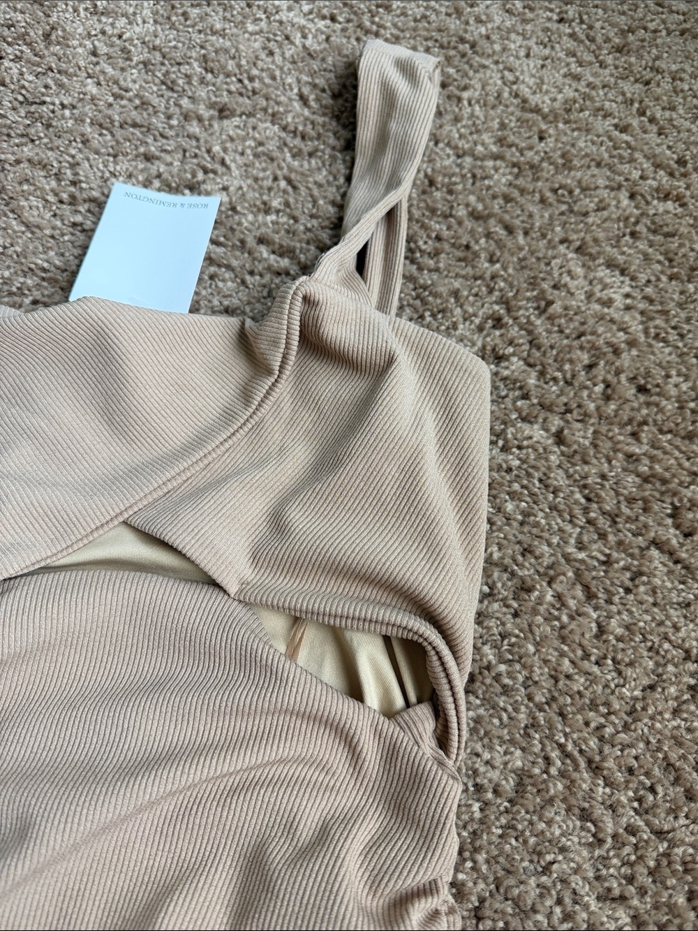 Sleeveless Beige Ribbed Cutout Ruched Mini Dress - Picture 3 of 7